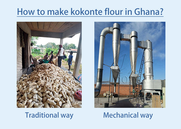 the traditional way and mechanical way of making kokonte flour in Ghana