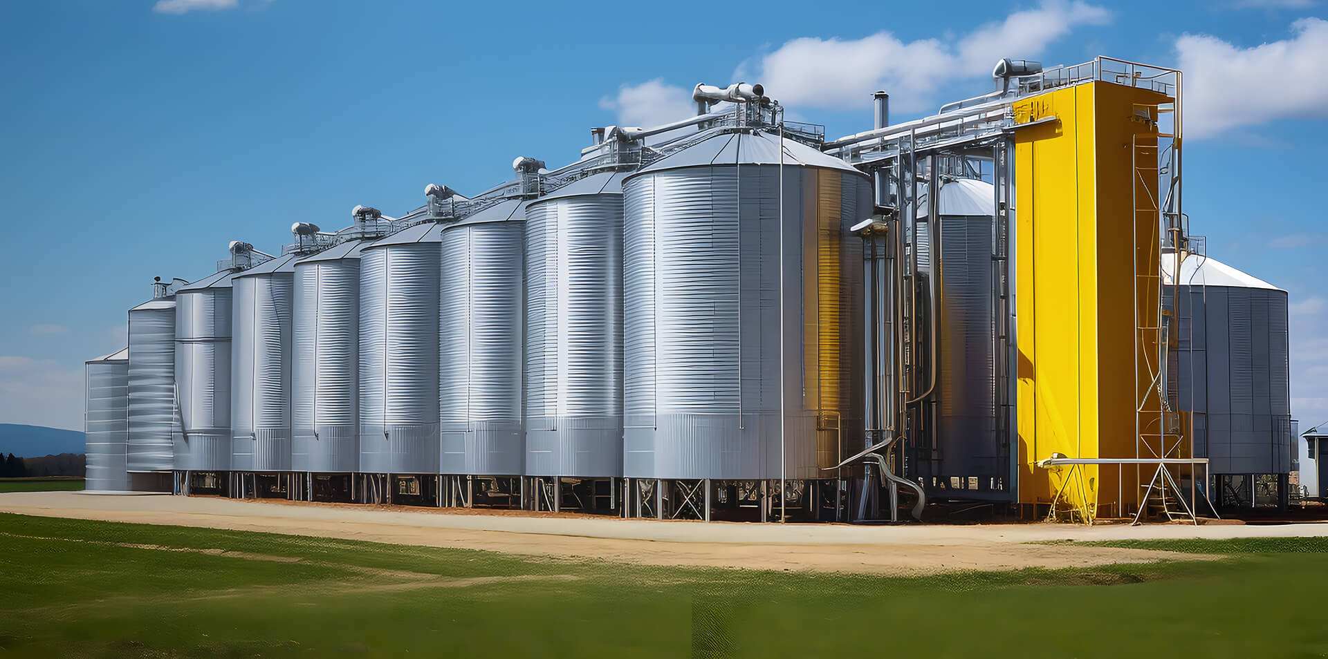 Large steel grain silo storage system