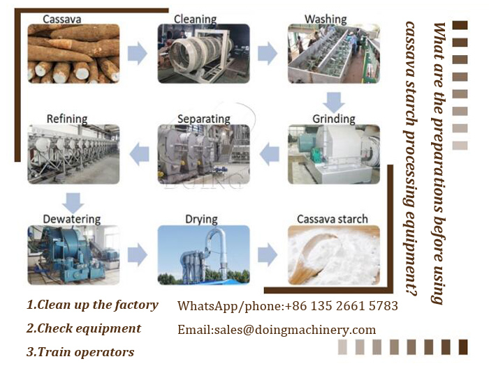 What are the preparations before using cassava starch processing equipment?